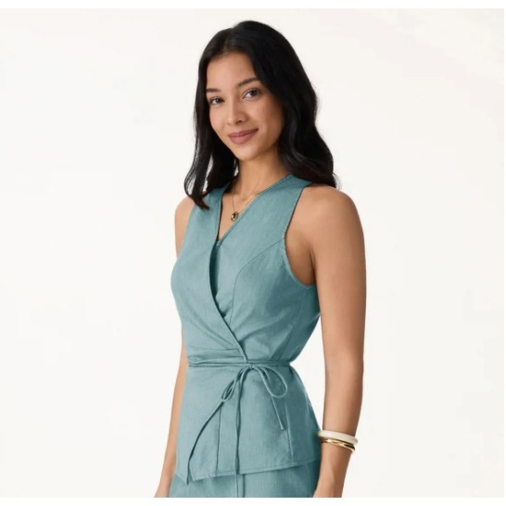NEW OGL Turquoise Blue Linen Blend Wrap Top with Self-Tie Peplum‎ Size Small
